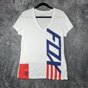 Fox Shirt Womens Large White V Neck Patriotic Flag Graphic Tee Stars Stripes USA